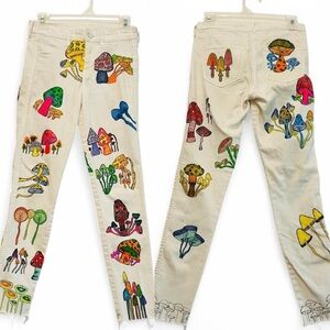 Hand painted White high-waisted mushroom print skinny jeans